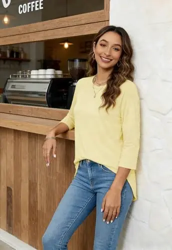 Newchoice Womens 3/4 Length Sleeve Tops Casual Round Neck Basic Tunic Shirts Loose Fit - 2