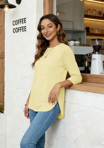Newchoice Womens 3/4 Length Sleeve Tops Casual Round Neck Basic Tunic Shirts Loose Fit - 3