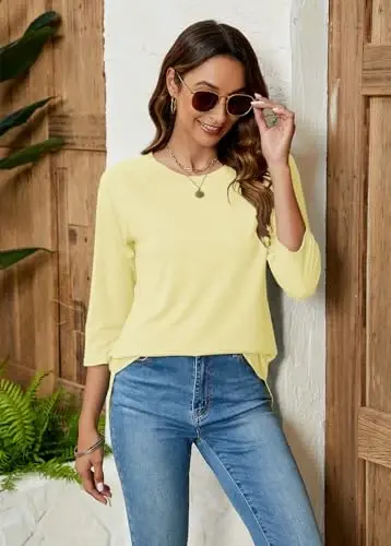 Newchoice Womens 3/4 Length Sleeve Tops Casual Round Neck Basic Tunic Shirts Loose Fit - 4