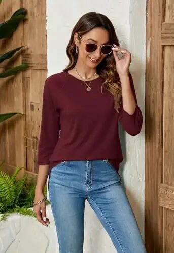 Newchoice Womens 3/4 Length Sleeve Tops Casual Round Neck Basic Tunic Shirts Loose Fit - Newchoice (1)