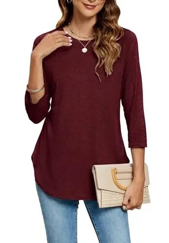 Newchoice Womens 3/4 Length Sleeve Tops Casual Round Neck Basic Tunic Shirts Loose Fit - Newchoice
