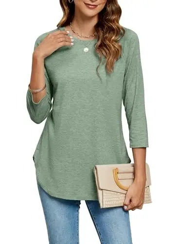 Newchoice Womens 3/4 Length Sleeve Tops Casual Round Neck Basic Tunic Shirts Loose Fit - 1