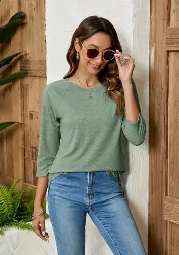 Newchoice Womens 3/4 Length Sleeve Tops Casual Round Neck Basic Tunic Shirts Loose Fit - 3