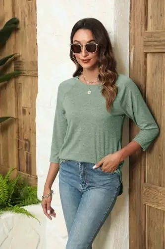 Newchoice Womens 3/4 Length Sleeve Tops Casual Round Neck Basic Tunic Shirts Loose Fit - 4