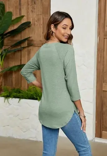 Newchoice Womens 3/4 Length Sleeve Tops Casual Round Neck Basic Tunic Shirts Loose Fit - 6