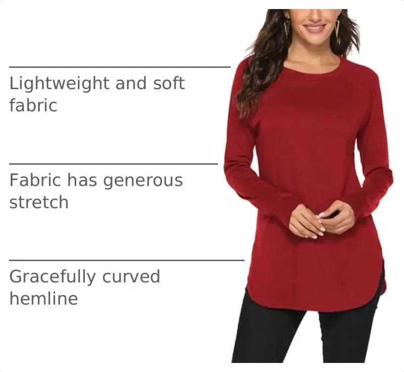 Newchoice Women's Casual Batwing Long Sleeve T Shirt Basic Loose Tunic Tops | Layering Tunics to wear with Leggings, Long Enough to Cover the Belly and Butt, Curved Rounded Hem, Round Neck Base Layers - 4