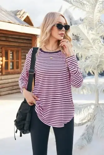 Newchoice Women's Casual Batwing Long Sleeve T Shirt Basic Loose Tunic Tops | Layering Tunics to wear with Leggings, Long Enough to Cover the Belly and Butt, Curved Rounded Hem, Round Neck Base Layers - 3