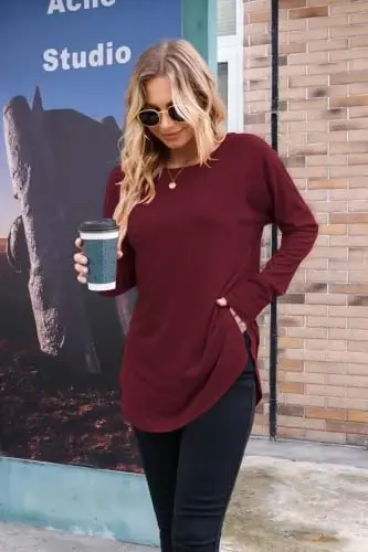 Newchoice Women's Casual Batwing Long Sleeve T Shirt Round Neck Basic Loose Tunic Tops - 4