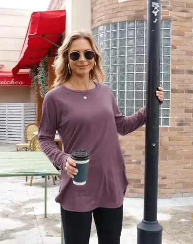 Newchoice Women's Casual Batwing Long Sleeve T Shirt Round Neck Basic Loose Tunic Tops - 2