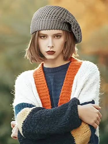 Newcotte 3 Pcs Soft Slouchy Crochet Beret Chic Cutout Beret Hats for Women Lightweight Knit Beanie Caps for Women (Black, Gray, Khaki) - 4