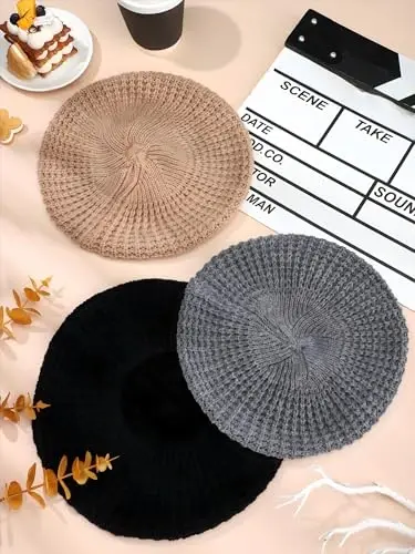 Newcotte 3 Pcs Soft Slouchy Crochet Beret Chic Cutout Beret Hats for Women Lightweight Knit Beanie Caps for Women (Black, Gray, Khaki) - 6