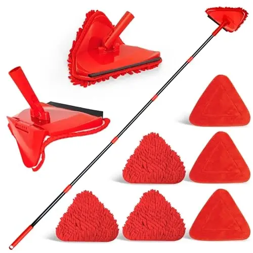 NEWE Wall Mop Cleaner with 80 inches Long Handle, 180° Folding Ceiling Cleaning Tool with Squeegee for Washing Painted Walls, Triangle Baseboard Scrubber with 3 Chenille Duster and 3 Microfiber Pads - 1