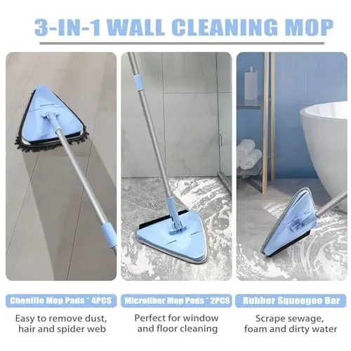 NEWE Wall Mop Cleaner 80 dyuym uzunlikdagi tutqich bilan, 180° buklanadigan shiftni tozalash vositasi rezina bilan, 4 ta chenille latta va 2 ta mikrofiber yostiq bilan uchburchak plintus tozalagich bo'yalgan devorlarni yuvish uchun - 3