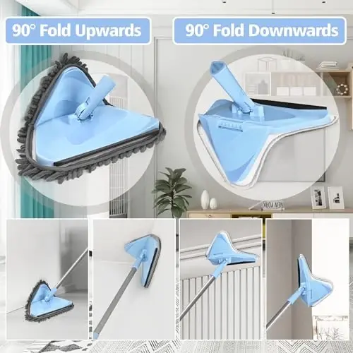 NEWE Wall Mop Cleaner 80 dyuym uzunlikdagi tutqich bilan, 180° buklanadigan shiftni tozalash vositasi rezina bilan, 4 ta chenille latta va 2 ta mikrofiber yostiq bilan uchburchak plintus tozalagich bo'yalgan devorlarni yuvish uchun - 4