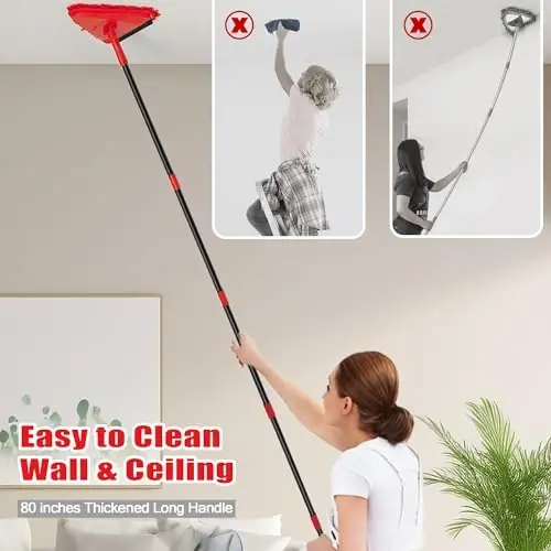 NEWE Wall Mop Cleaner with 80 inches Long Handle, 180° Folding Ceiling Cleaning Tool with Squeegee for Washing Painted Walls, Triangle Baseboard Scrubber with 3 Chenille Duster and 3 Microfiber Pads - 2