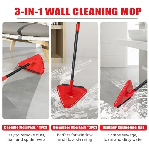 NEWE Wall Mop Cleaner with 80 inches Long Handle, 180° Folding Ceiling Cleaning Tool with Squeegee for Washing Painted Walls, Triangle Baseboard Scrubber with 3 Chenille Duster and 3 Microfiber Pads - 3