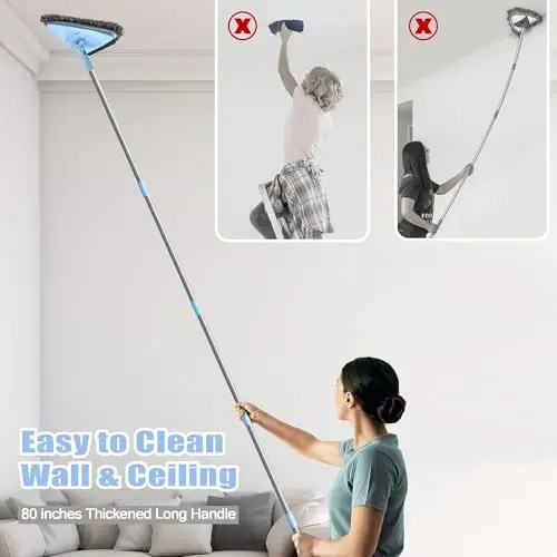 NEWE Wall Mop Cleaner with 80 Inches Long Handle, 180° Folding Ceiling Cleaning Tool with Squeegee, Triangle Baseboard Scrubber with 4 Chenille Duster and 2 Microfiber Pads for Washing Painted Walls - NEWE (1)