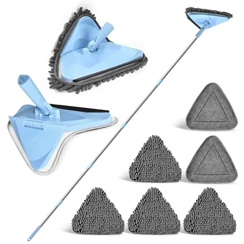 NEWE Wall Mop Cleaner with 80 Inches Long Handle, 180° Folding Ceiling Cleaning Tool with Squeegee, Triangle Baseboard Scrubber with 4 Chenille Duster and 2 Microfiber Pads for Washing Painted Walls 