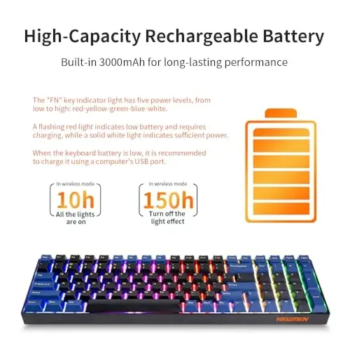 Newmen GM1000 Wireless Mechanical Gaming Keyboard,Bluetooth 2.4G/Wired Hot Swappable Custom Keyboard,RGB Backlit Mechanical Keyboards with Num Pad for Mac/Win (Blueblack Keycaps-G Silver Switch) - 2