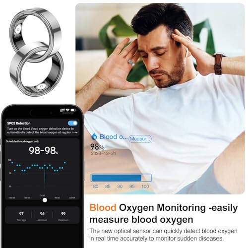 NEWTRENDS Smart Ring, Heart Rate/Sleep/Blood Oxygen Monitoring, Step Count, Wearable Fitness Tracker, APP Bluetooth Connected, IP68 Waterproof, Silver (Size 8) - 2