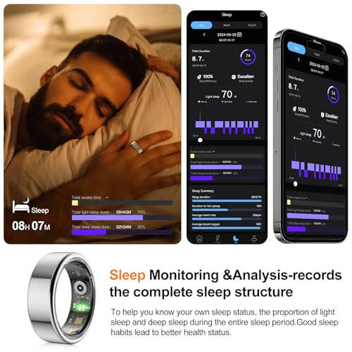 NEWTRENDS Smart Ring, Heart Rate/Sleep/Blood Oxygen Monitoring, Step Count, Wearable Fitness Tracker, APP Bluetooth Connected, IP68 Waterproof, Silver (Size 8) - 4