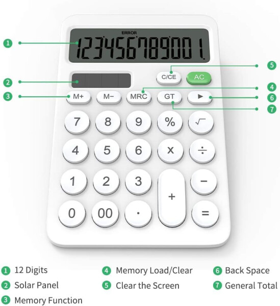 NEWYES Basic Calculator Office Quyosh energiyasi bilan ishlaydigan kalkulyator Katta LCD displey va sezgir tugmalar O'quvchi uchun Ikkita quvvat manbai Quyosh energiyasi va batareya Ikkita quvvat manbai Oq - 3