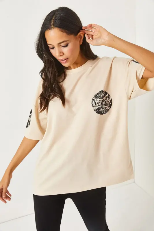 Newyork Beige Front Back Printed 2 Thread Unisex Oversize - 3