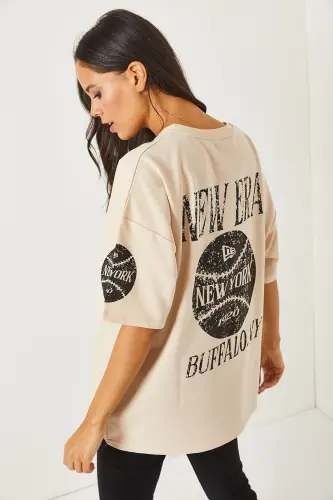 Newyork Beige Front Back Printed 2 Thread Unisex Oversize - 4