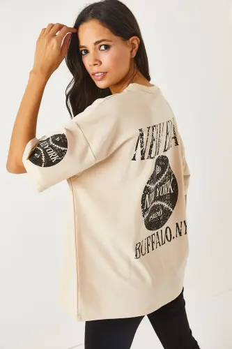 Newyork Beige Front Back Printed 2 Thread Unisex Oversize - 5
