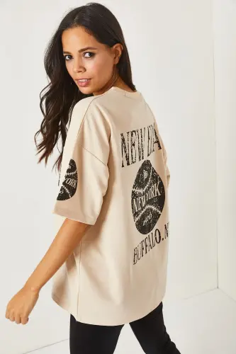 Newyork Beige Front Back Printed 2 Thread Unisex Oversize - 6