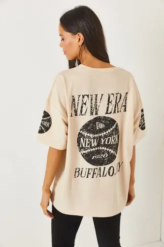 Newyork Beige Front Back Printed 2 Thread Unisex Oversize - 7