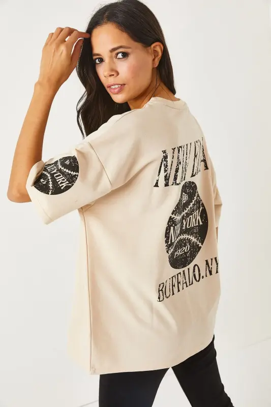 Newyork Bej Ön Arka Baskılı 2 iplik Unisex Oversize Tişört TSH-19000696 - Newyork Bej - 5