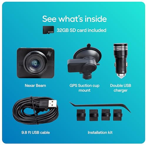 Nexar Beam GPS Dash Cam - 1 Yıl Nexar Uygulama Aboneliği Dahil - Sınırsız Bulut Depolama, Sürüş Kayıtları, Park Modu, Gece Görüşü, Hepsi Nexar Uygulaması İçinde - WiFi HD Ön Dash Cam (32 GB SD) - 5