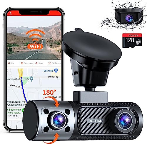 NexiGo 3 Channel Dash Cam with Rotatable Interior/Front Camera, Sony_Sensors, Front and Rear with Cabin, 4K/2K-1440P+1080P+1080P, Super Night Vision, 24H Parking Mode, GPS, WiFi, 128G SD Card Included - 1