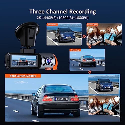 NexiGo 3 Channel Dash Cam with Rotatable Interior/Front Camera, Sony_Sensors, Front and Rear with Cabin, 4K/2K-1440P+1080P+1080P, Super Night Vision, 24H Parking Mode, GPS, WiFi, 128G SD Card Included - 2