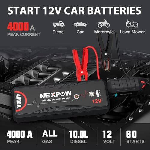 NEXPOW Araba Akü Şarj Cihazı, Araba Aküsü Şarj Cihazı 4000A Pik Q11 Paketi Tüm Benzin ve 10.0L Dizel Motorlar İçin 12V Oto Akü Destekleyici, Jumper Kabloları, LED Işık/USB QC3.0 ile Taşınabilir Lityum Şarj Kutusu - 2