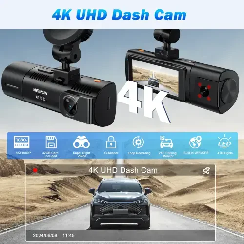 NEXPOW Dash Cam old va orqa, 4K/1080P Full HD Dash Camera, o'rnatilgan WiFi GPS, Super Night Vision, WDR, 24H Parking Mode, 32GB Card Included - 4