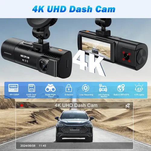 NEXPOW Dash Cam передняя и задняя, 4K/1080P Full HD Dash Camera со встроенным WiFi GPS, Super Night Vision, WDR, 24H Parking Mode, 32GB Card Included - 3