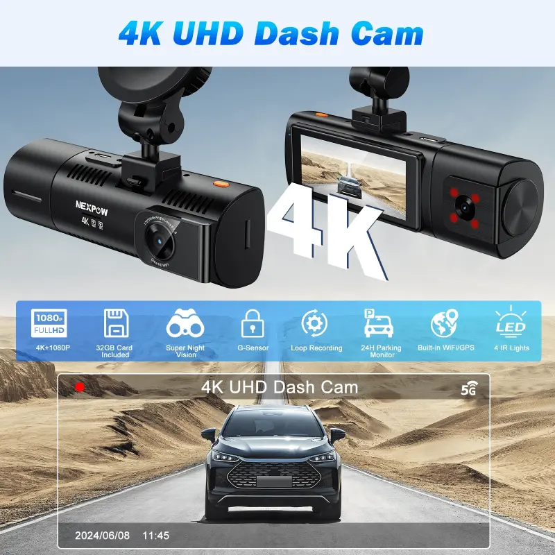 NEXPOW Dash Cam передняя и задняя, 4K/1080P Full HD Dash Camera со встроенным WiFi GPS, Super Night Vision, WDR, 24H Parking Mode, 32GB Card Included - 3