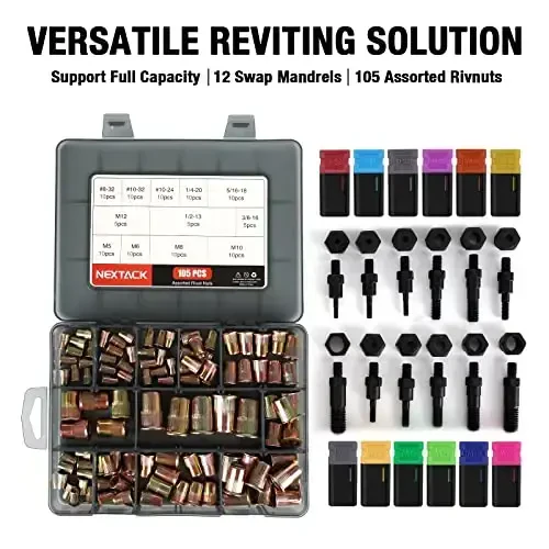NEXTACK Og'ir yuk ko'taruvchi perchinli gayka asboblar to'plami, 16 dyuymli Rivnut Nutsert asboblar to'plami - 105 ta tishli perchinli gayka va 12 ta mandrel 8-32 10-24 10-32 1/4-20 5/16-18 3/8-16 1/2-13 M5 M6 M8 M10 M12 | Tartibli mustahkam g'ilof NT800 - 4
