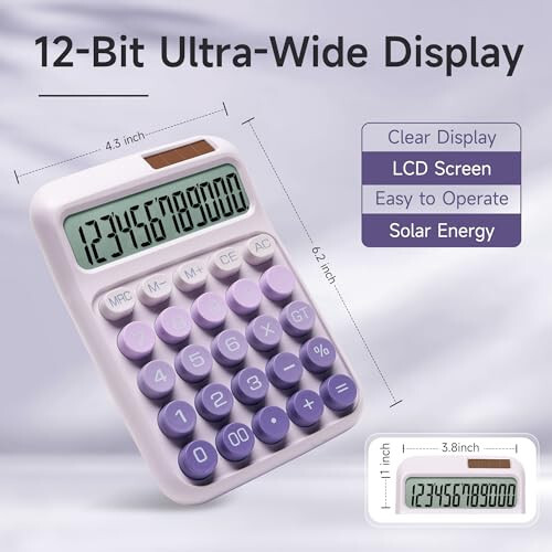 NGIFERA Desk Calculator, 12 Digits, Large LCD Display, Big Buttons, Solar and Battery Dual Power Desktop Calculators, Cute and Aesthetic, Suitable for Office and Study (Ombre Purple, M) - 4