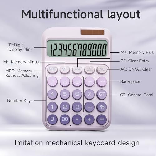 NGIFERA Desk Calculator, 12 Digits, Large LCD Display, Big Buttons, Solar and Battery Dual Power Desktop Calculators, Cute and Aesthetic, Suitable for Office and Study (Ombre Purple, M) - 5