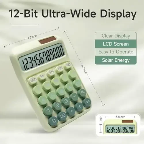 NGIFERA Desk Calculator,12 Digits, Large LCD Display,Big Buttons,Solar and Battery Dual Power Desktop Calculators,Cute and Aesthetic (Ombre Green, M) - 4