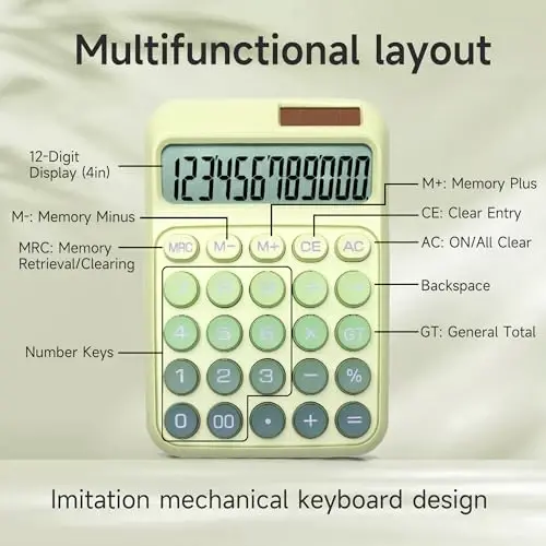 NGIFERA Desk Calculator,12 Digits, Large LCD Display,Big Buttons,Solar and Battery Dual Power Desktop Calculators,Cute and Aesthetic (Ombre Green, M) - 5