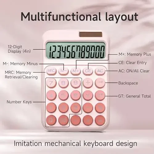 NGIFERA Desk Calculator,12 Digits, Large LCD Display,Big Buttons,Solar and Battery Dual Power Desktop Calculators,Cute and Aesthetic (Ombre Pink, M) - 5