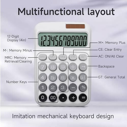 NGIFERA Desk Calculator,12 Digits, Large LCD Display,Big Buttons,Solar and Battery Dual Power Desktop Calculators,Cute and Aesthetic,Suitable for Office and Study (Ombre Gray, M) - 5