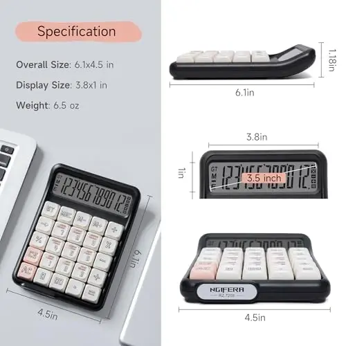NGIFERA Desk Calculator, 12 Digit Large LCD Display, Big Buttons, Ergonomic 15° Tilt, Real Mechanical Keypad, Desktop Calculator for Office and Study - 2