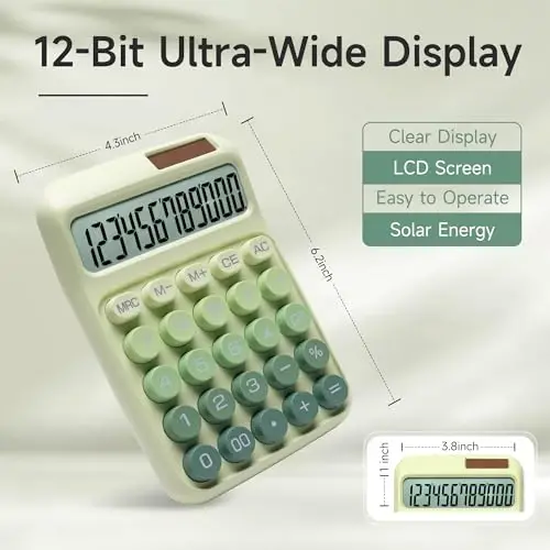 NGIFERA Desk Calculator,12 Digits, Large LCD Display,Big Buttons,Solar and Battery Dual Power Desktop Calculators,Cute and Aesthetic (Ombre Green, M) - 4