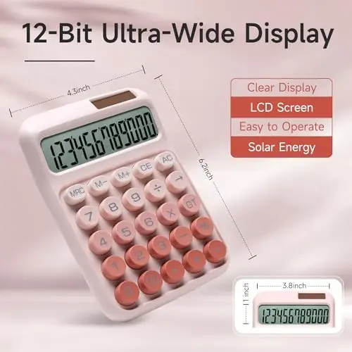 NGIFERA Desk Calculator,12 Digits, Large LCD Display,Big Buttons,Solar and Battery Dual Power Desktop Calculators,Cute and Aesthetic (Ombre Pink, M) - 4