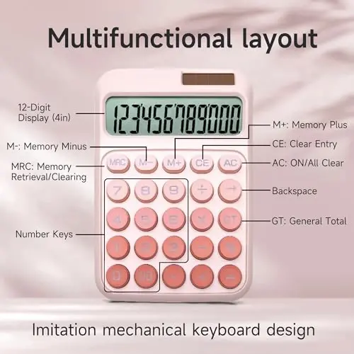 NGIFERA Desk Calculator,12 Digits, Large LCD Display,Big Buttons,Solar and Battery Dual Power Desktop Calculators,Cute and Aesthetic (Ombre Pink, M) - 5